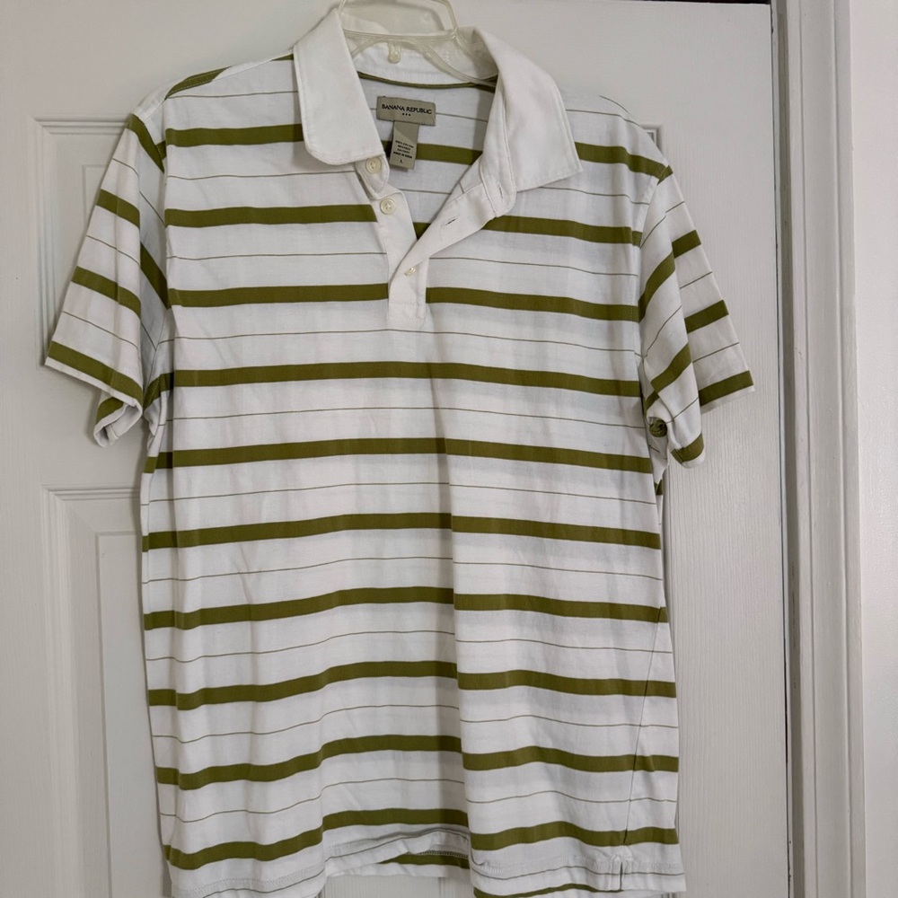 Banana Republic White and Green Striped Polo Shirt
